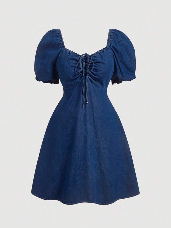 SHEIN MOD Vestido de mezclilla de talla grande con mangas abullonadas, corte holgado, color azul