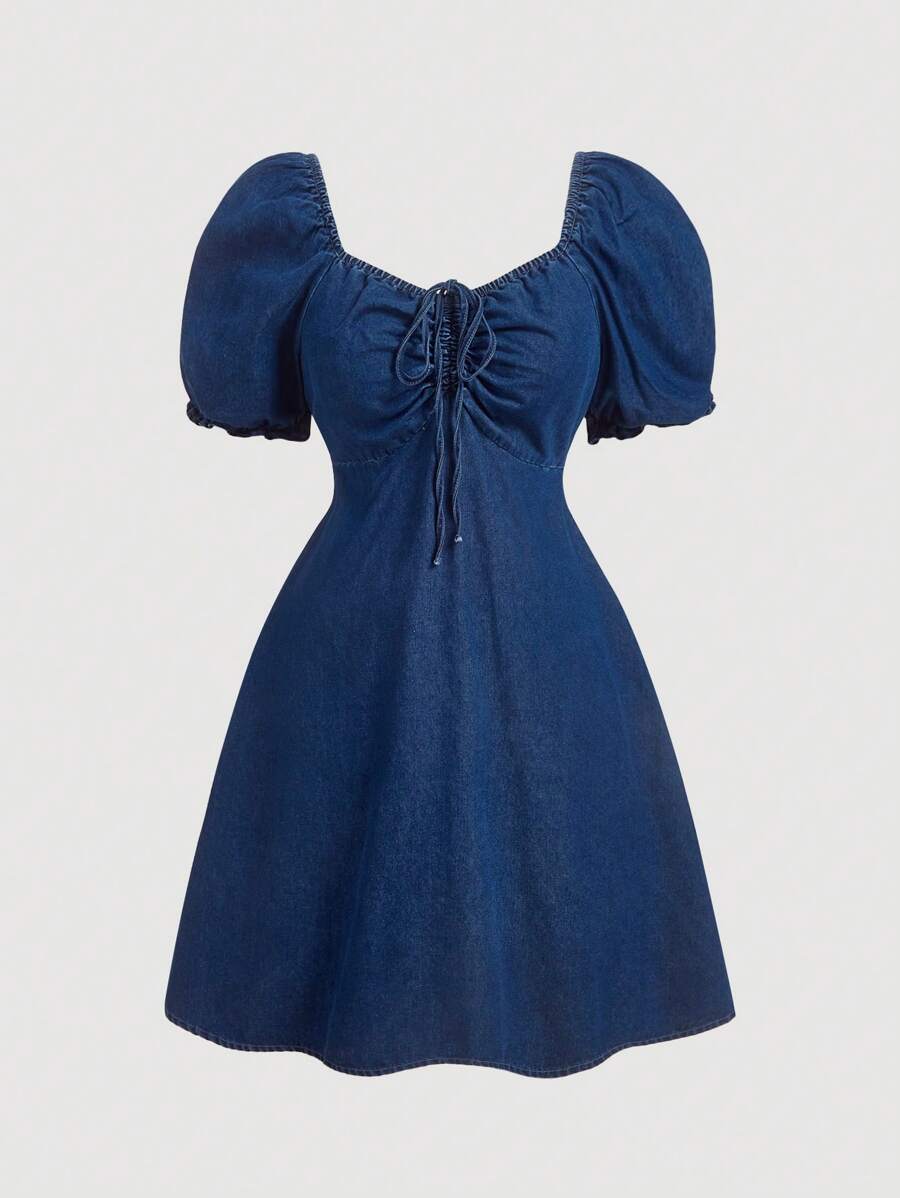 SHEIN MOD Plus Size Denim Dress Sweet Bubble Sleeve Loose Fit Blue Dress - Dark Wash - View 1