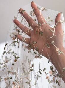 SHEIN Clasi 白色夏季優雅新娘婚禮大尺碼女款刺繡花卉網紗落肩長袖休閒襯衫上衣，老錢風 - 杏色 - 查看 9