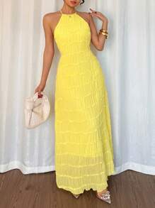 Chiquease Elegantes ärmeloses Neckholder-Sommerkleid mit rückenfreiem Spitzenbesatz, elastisch, hellgelb, für Damen - Hellgelb - Übersicht 5