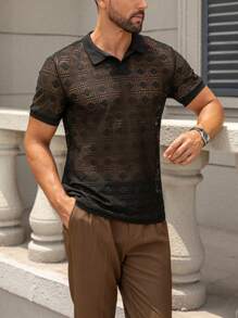 Manfinity Homme Men's Hollow Geometric Design Daily Wear Short Sleeve Polo Shirt - Black - View 6