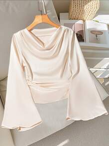 SHEIN Women's Elegant Solid Color Ruffled Collar Flared Sleeve Blouse, Commuter Style Fall Cloth For Women - Apricot - View 3