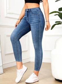 SHEIN PETITE Women's Pocket Skinny Casual Versatile Jeans - Light Wash - View 4