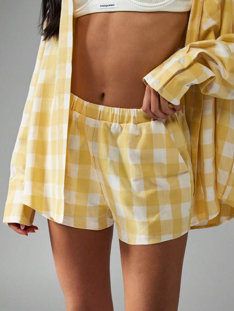 MISSGUIDED Buffalo Check Letnie szorty Elastyczna talia Wysoki stan Gingham Odzież wypoczynkowa Wiosenny kurort Plaża Przewiewne spodnie Wakacje Mieszanka bawełny Świąteczna odzież do spania
