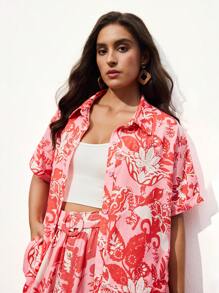 Maija Plus Size Allover Print Short Sleeve Button Down Casual Summer Holiday Shirt