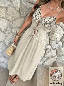 SHEIN Frenchy Neues, besticktes langes Sommerkleid aus Leinenimitat für Damen, langes Kleid mit stark kontrastierenden Stickereien und Hosenträgern für Damen, Bohemian, langes Urlaubskleid für Damen, Muttertagskleid, Sommerkleider für Damen, Abschlusskleid, Sonnenkleider für Damen, Westernkleidung für Damen