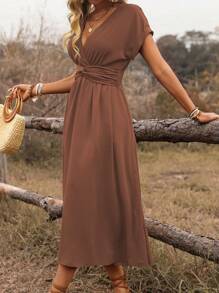 EMERY ROSE Women's Spring/Summer Bohemian Vacation Style Casual Crossover Shirred Waist Gathered Twist Back Ruffle Sleeve A-Line Midi Dress - Coffee Brown - View 3