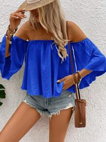Breezaya Solid Color Off Shoulder Vacation Style Elegant Women Blouse, Summer - Royal Blue - View 3