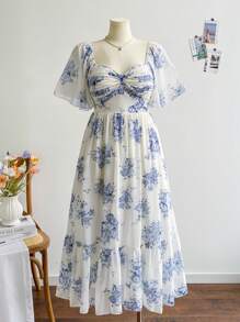 Soleia Women's Plus Size Blue Floral Print Chiffon Sweetheart Neck Short Sleeve Maxi Dress, Summer Vacation Bohemian Boho  Romantic Floral  Vacation Floral - Blue and White - View 7