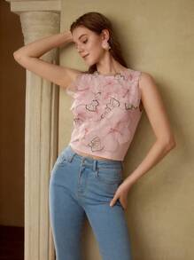 MOTF PREMIUM Camiseta de tirantes con aplicaciones florales y detalles de perlas falsas - Rosa - Ver 6