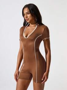 Hanevo Women's Contrast Trim Fitted Short Sleeve Jumpsuit, Summer Sportwear For Daily Wear - Coffee Brown - View 5