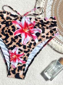 Swim Vcay Spring Break New Leopard Print Drawstring Design Women's Swimsuit Bottom, Summer Beach Vacation - Multicolor - View 4