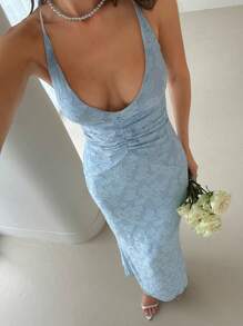 Aloruh 女士婚礼季优雅性感 V 领褶饰露背修身提花面料长裙，蓝色蜜月装女士婚礼宾客礼服海岛度假装扮女士夏季礼服女士婚礼宾客礼服女士太阳裙母亲节装女士毕业礼服女士派对礼服 - 藍色 - 查看 4