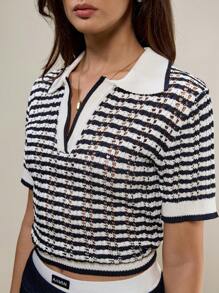 Muvela Regular Loose Fit Short Sleeve Polo Knit Top - Blue and White - View 5