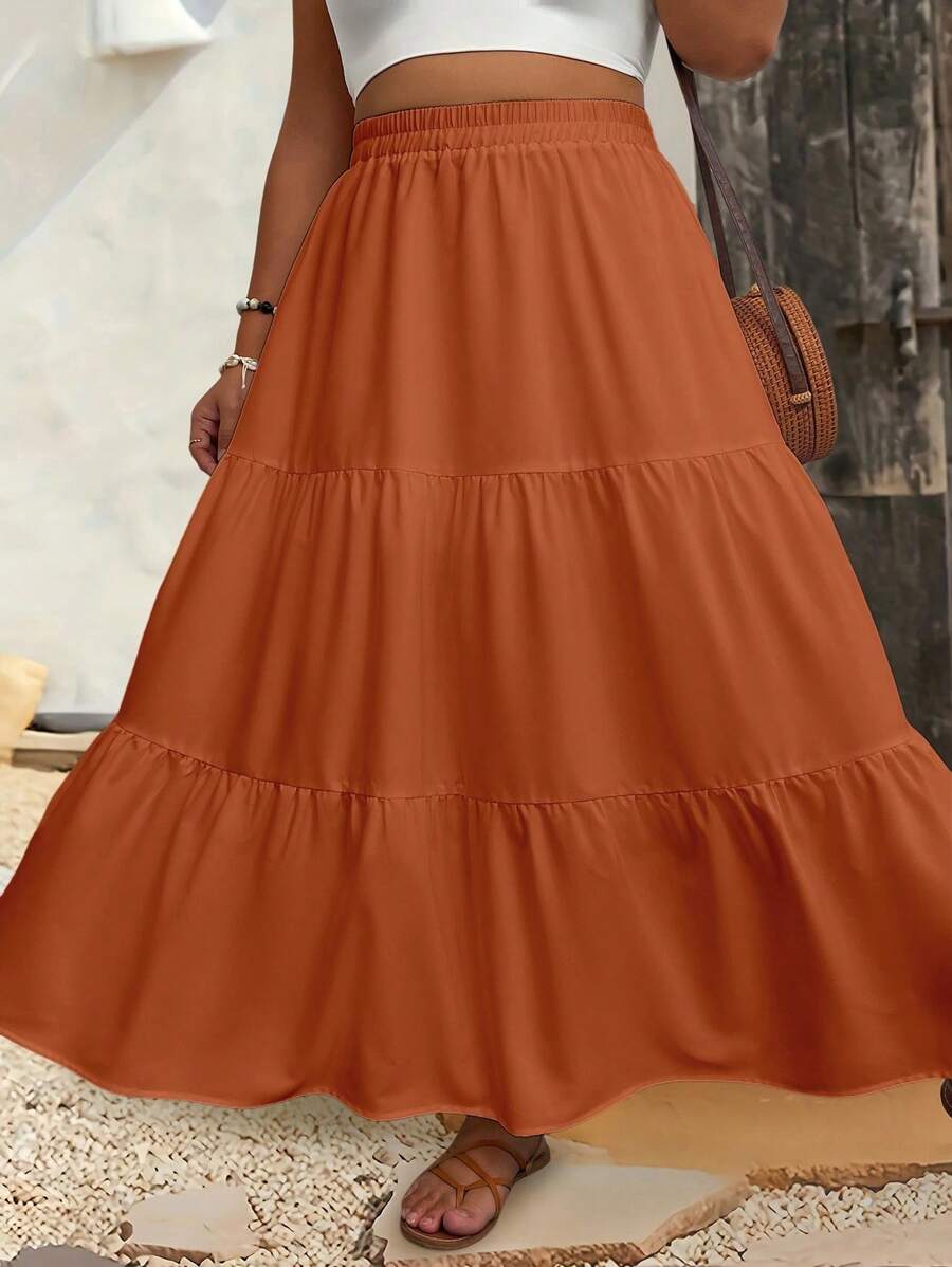 Breezaya Plus Size Casual Solid Color Skirt Maxi Skirt - Brown - View 1