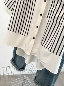 SHEIN LUNE Spring/Summer/Autumn Elegant Office Lady Casual Fashionable Striped Floral Pattern Versatile Comfortable Fabric Shirt Collar 3/4 Sleeve Spliced Cardigan, Black & White, Plus Size