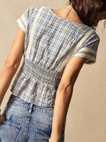 Bohemela Casual Solid Color V-Neck Short Sleeve Fitted Women's Blouse - Blue - View 2