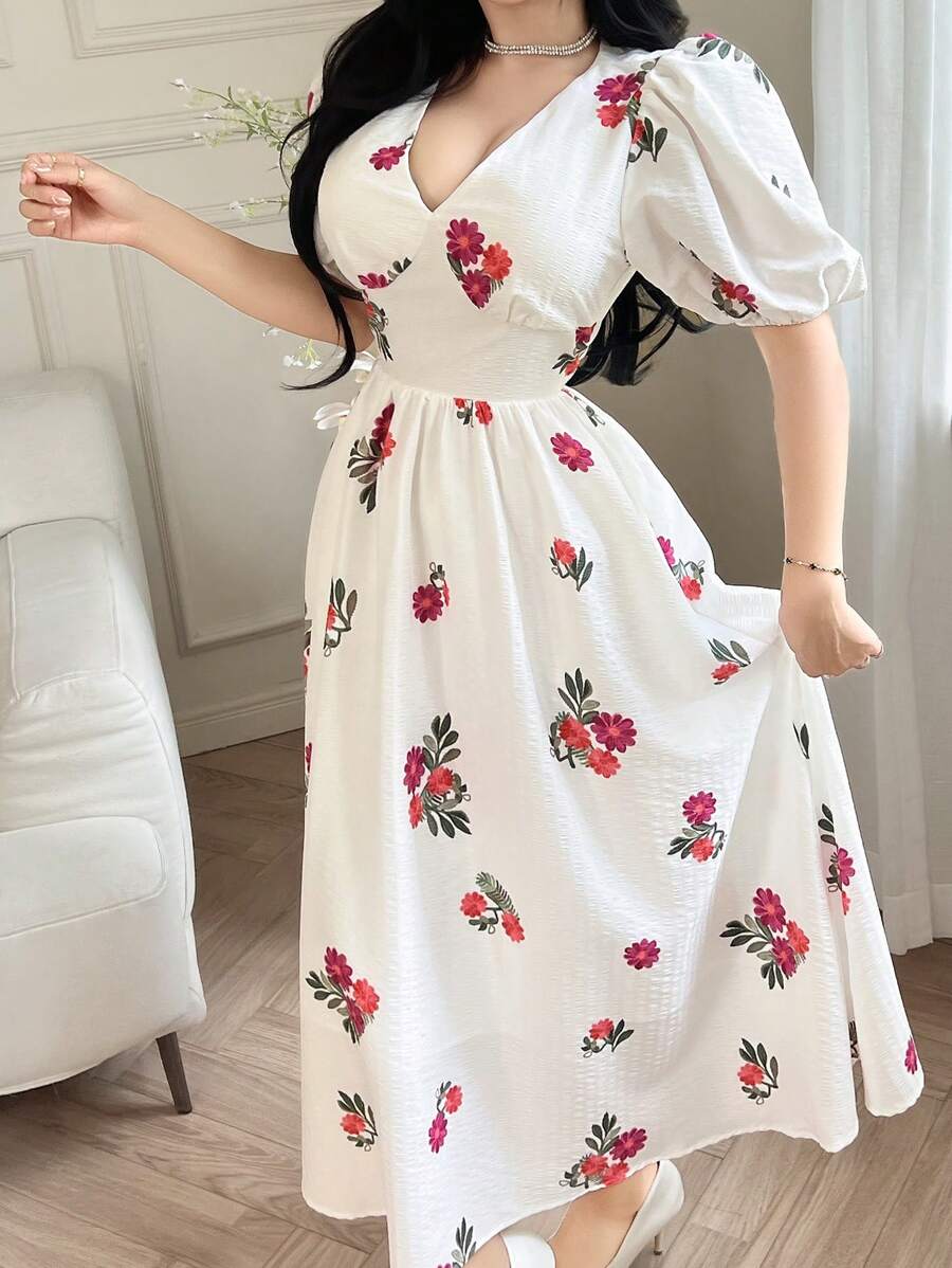 Modelyn Floral Texture Mid-Length Dress For Women, Summer - White - View 1
