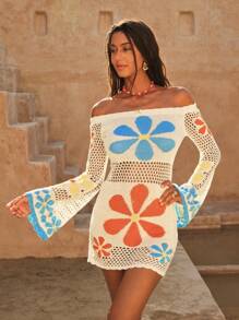 Swim Chiccia 女式多巴胺风格彩色花卉露肩沙滩罩衫，复古乡村风格甜美镂空透明网眼长袖针织超长连衣裙，春夏 - 彩色 - 查看 4