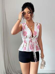 SHEIN Unity Women Floral Print Tie Front Camisole - Multicolor - View 3