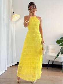 Chiquease Elegantes ärmeloses Neckholder-Sommerkleid mit rückenfreiem Spitzenbesatz, elastisch, hellgelb, für Damen - Hellgelb - Übersicht 4