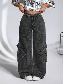 SHEIN ICON Jeans vaqueros casuales y anchos de mujer con bolsillos tipo utility