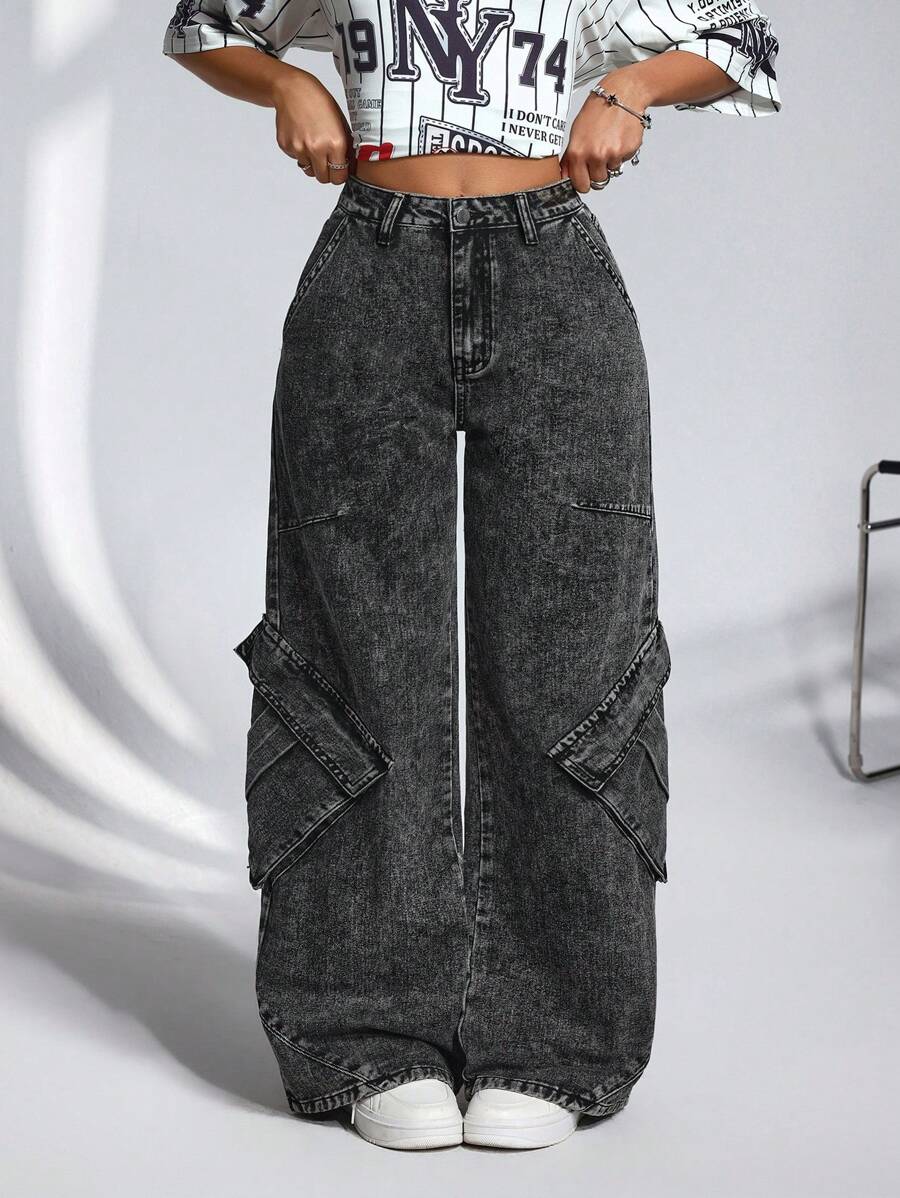 SHEIN ICON Jeans vaqueros casuales y anchos de mujer con bolsillos tipo utility