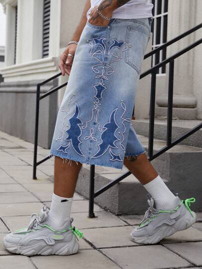 Street Life Herren Sommer Lässig Vintage Fransen Stickerei Muster Denim Shorts