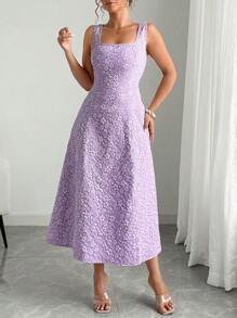 Elenzga Đầm midi cổ tròn họa tiết hoa dập nổi cỡ lớn cho nữ, trang phục đi nghỉ/hẹn hò thanh lịch - Màu tím - Xem 4