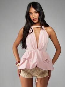MISSGUIDED Top de style peplum à encolure en ras-du-cou avec ourlet bouffant, détails plissés et froncés. Tenue de soirée, de fête, d'été, de vacances, de plage - Rose bonbon - Voir 4