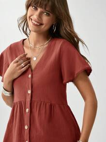 SHEIN LUNE Solid Button Front Peplum Blouse,Short Sleeve Tops - Burnt Orange - View 5
