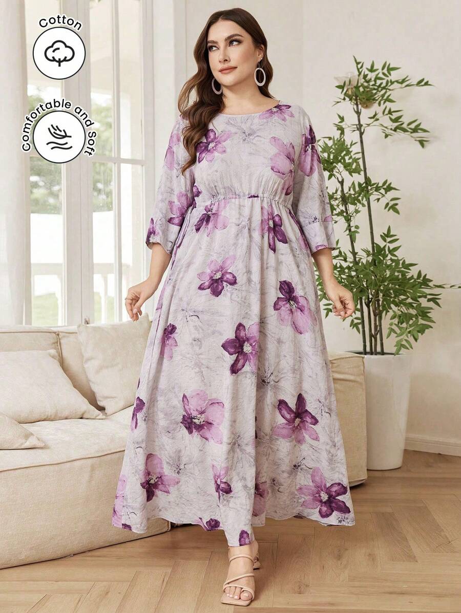 Lacomfia 休闲花卉印花圆领 3/4 袖抽绳腰部宽松长裙，大码女装，春夏