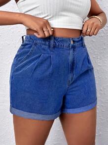 Slaydiva Plus Size Plain Pleated Pocket Design Casual Summer Denim Shorts - Dark Wash - View 5