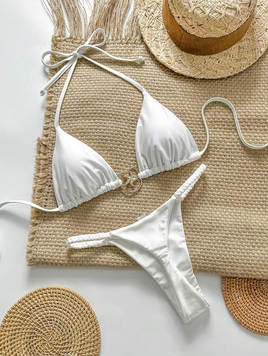 Swim Vcay 女士纯色金属饰边细肩带比基尼两件套泳衣套装，夏季海滩度假 - 白色 - 查看 1