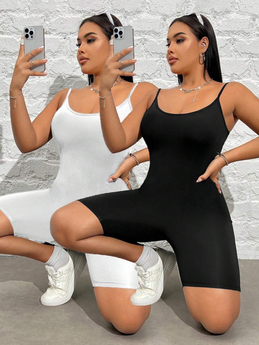 SHEIN EZwear Bộ đồ liền thân màu trơn cỡ lớn 2 món/bộ, đen và trắng - Nhiều màu - Xem 1