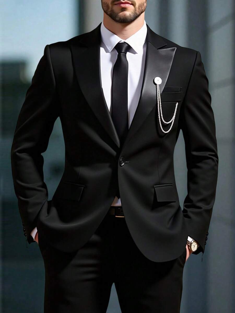 Calvornis 男士纯色斑驳翻领长袖西装外套和裤子商务旅行两件套 - 黑色 - 查看 1