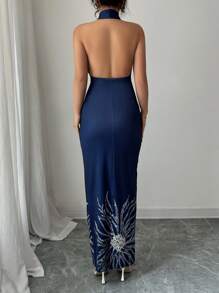 Rafferiza Women's Elegant Halter Neck Backless Fitted Positioning Printed Dress - Navy Blue - View 2