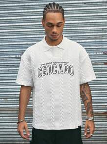 AXEPEAK 男式字母图案针织 Polo 衫，常春藤风格，返校季，街头风版 - 白色 - 查看 4