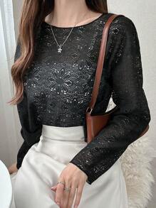 FRIFUL Áo kiểu nữ màu mơ, dáng ngắn, họa tiết hoa khoét lỗ, cổ tròn, kiểu dáng thường ngày cho mùa xuân và hè. - màu đen - Xem 1