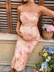 SHEIN Elegant Maternity Sleeveless Floral Print Slim Fit Vacation Boho Dress Summer Clothes Maternity Summer Dress