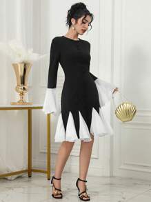 Modelyn Women's Contrast Color Bell Sleeve Mid-Length Dress - Black and White - View 1