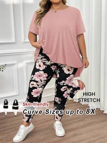 SHEIN CURVE+ 大尺碼女款夏季波希米亞風粉色花卉兩件套，圓領短袖不對稱下擺T恤與休閒長褲，海灘度假穿搭 - 藕粉色 - 查看 1