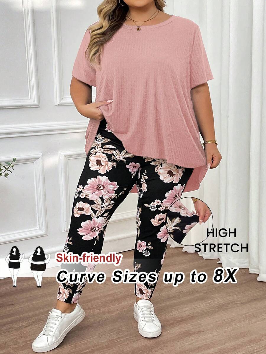 SHEIN CURVE+ 大尺碼女款夏季波希米亞風粉色花卉兩件套,圓領短袖不對稱下擺T恤與休閒長褲,海灘度假穿搭 - 藕粉色 - 查看 1