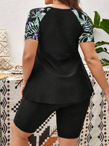 Swim Lushoire Plus Size Tropical Print Patchwork Rashguard Set, Suitable For Summer Beach Vacation - Multicolor - View 2