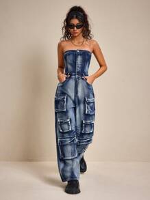 SHEIN ICON 女士 Street Carpockets 露背抹胸牛仔连体裤 - 藏蓝色 - 查看 3