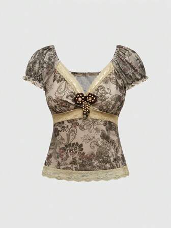 Grunge Punk Blouse vintage rétro pour femmes à imprimé floral, avec volants, ruban et dentelle