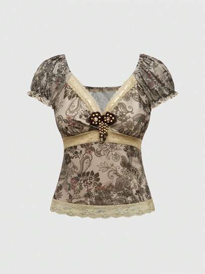 Grunge Punk Blusa de mujer con estampado floral vintage y retro, volantes, cinta y encaje