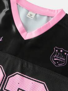 SHEIN Tween Girls' Casual Streetwear V-Neck Knit Splicing Mesh Oversize Loose Bat Sleeve Short Sleeve T-Shirt With Text & Number & Bow Print, Black