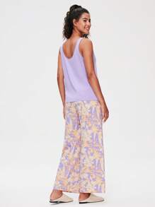 LUVLETTE 夏季柔软棉质基础款背心和印花长裤家居服透气睡衣套装，带口袋长裤，春夏七分裤两件套 - 淡紫色 - 查看 2