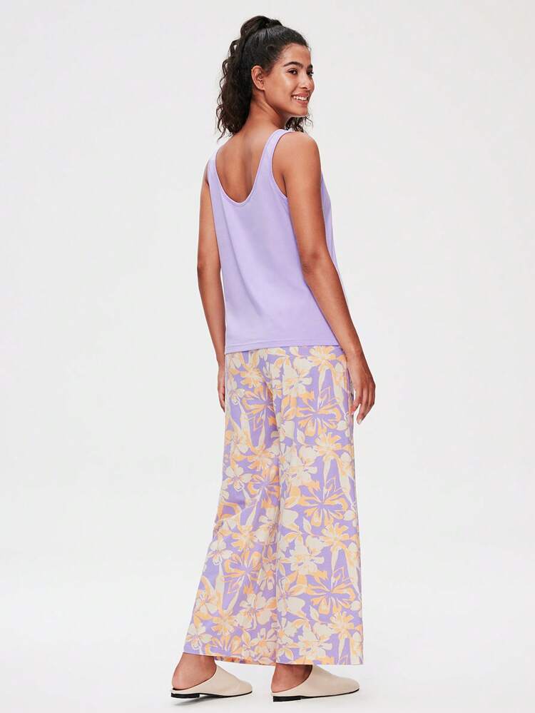 Soft Cotton Basic Tank Top & Patterned Pants Loungewear Pajama Set